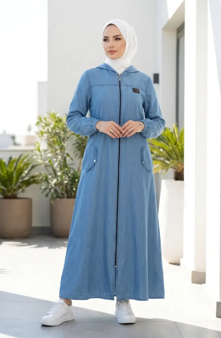 Abaya Zippée à Capuche En Tissu Tencel 1601-01 Bleu 1601-01