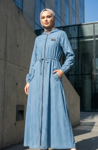 Abaya Zippée à Capuche En Tissu Tencel 1601-01 Bleu 1601-01