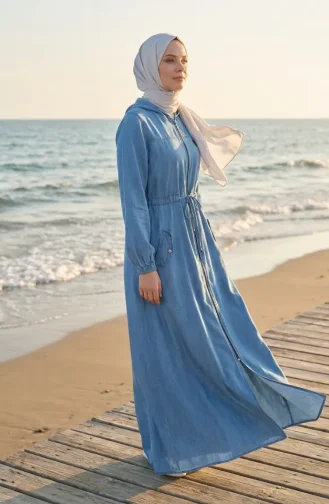 Abaya Zippée à Capuche En Tissu Tencel 1601-01 Bleu 1601-01