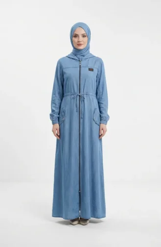 Abaya Zippée à Capuche En Tissu Tencel 1601-01 Bleu 1601-01