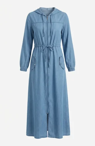 Abaya Zippée à Capuche En Tissu Tencel 1601-01 Bleu 1601-01