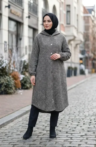 Front Buttoned Winter Coat With Elasticated Sleeves 0243-02 Black Beige 0243-02