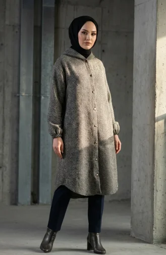 Front Buttoned Winter Coat With Elasticated Sleeves 0243-02 Black Beige 0243-02