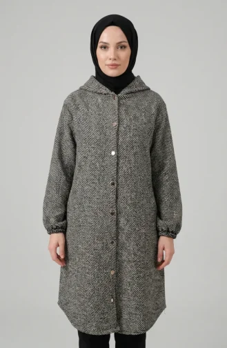 Front Buttoned Winter Coat With Elasticated Sleeves 0243-02 Black Beige 0243-02