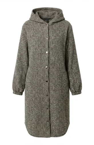 Front Buttoned Winter Coat With Elasticated Sleeves 0243-02 Black Beige 0243-02