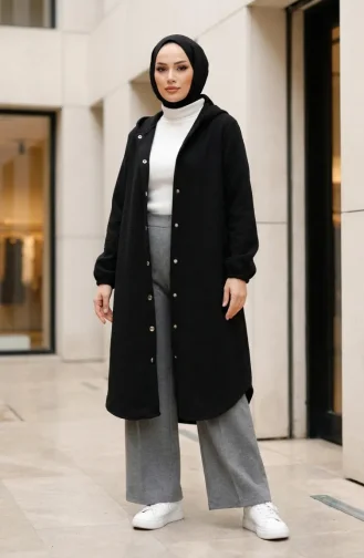 معطف شتوي أسود بأزرار أمامية وأكمام مطاطية 0243-03 0243-03