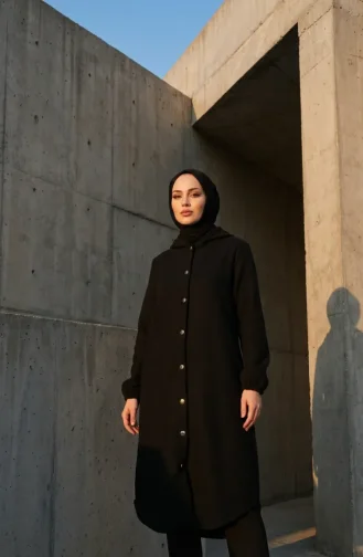 معطف شتوي أسود بأزرار أمامية وأكمام مطاطية 0243-03 0243-03