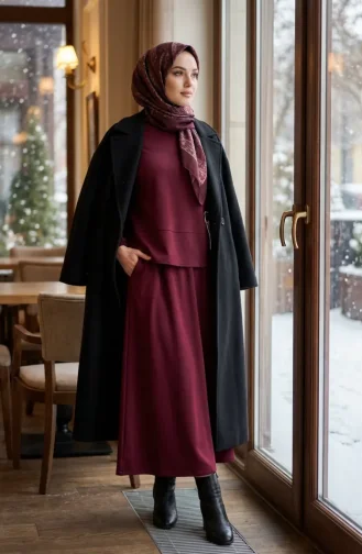 Oysho Fabric Tunic And Skirt Two-Piece Set 0242-02 Burgundy 0242-02