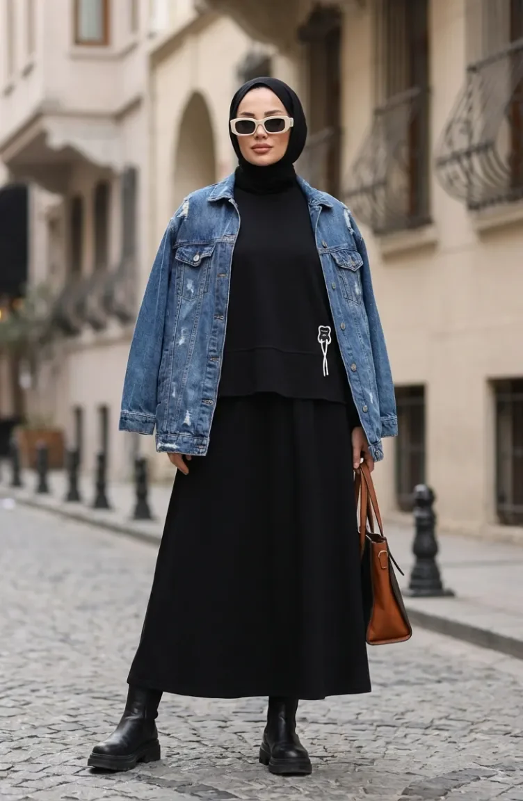طقم تونيك وتنورة من قماش أويشو، قطعتان، 0242-03، أسود 0242-03