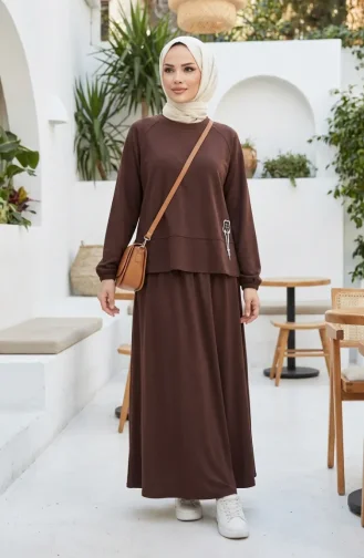 Oysho Fabric Tunic And Skirt Two-Piece Set 0242-04 Brown 0242-04