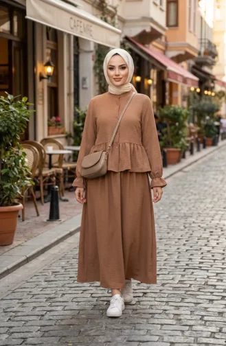 Aerobin Fabric Ruffled Hijab Two-Piece Set 4145-01 Milky Coffee 4145-01
