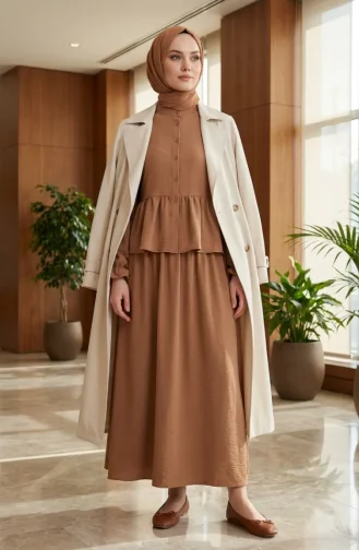 Aerobin Fabric Ruffled Hijab Two-Piece Set 4145-01 Milky Coffee 4145-01