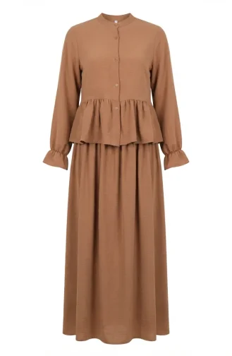 Aerobin Fabric Ruffled Hijab Two-Piece Set 4145-01 Milky Coffee 4145-01