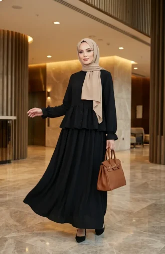 Ensemble Hijab à Volants En Tissu Aerobin Deux Pièces Noir 4145-05 4145-05