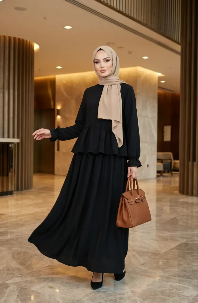 Ensemble Hijab à Volants En Tissu Aerobin Deux Pièces Noir 4145-05 4145-05