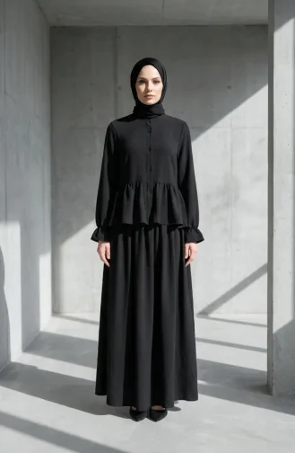 Ensemble Hijab à Volants En Tissu Aerobin Deux Pièces Noir 4145-05 4145-05