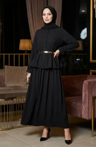 Ensemble Hijab à Volants En Tissu Aerobin Deux Pièces Noir 4145-05 4145-05