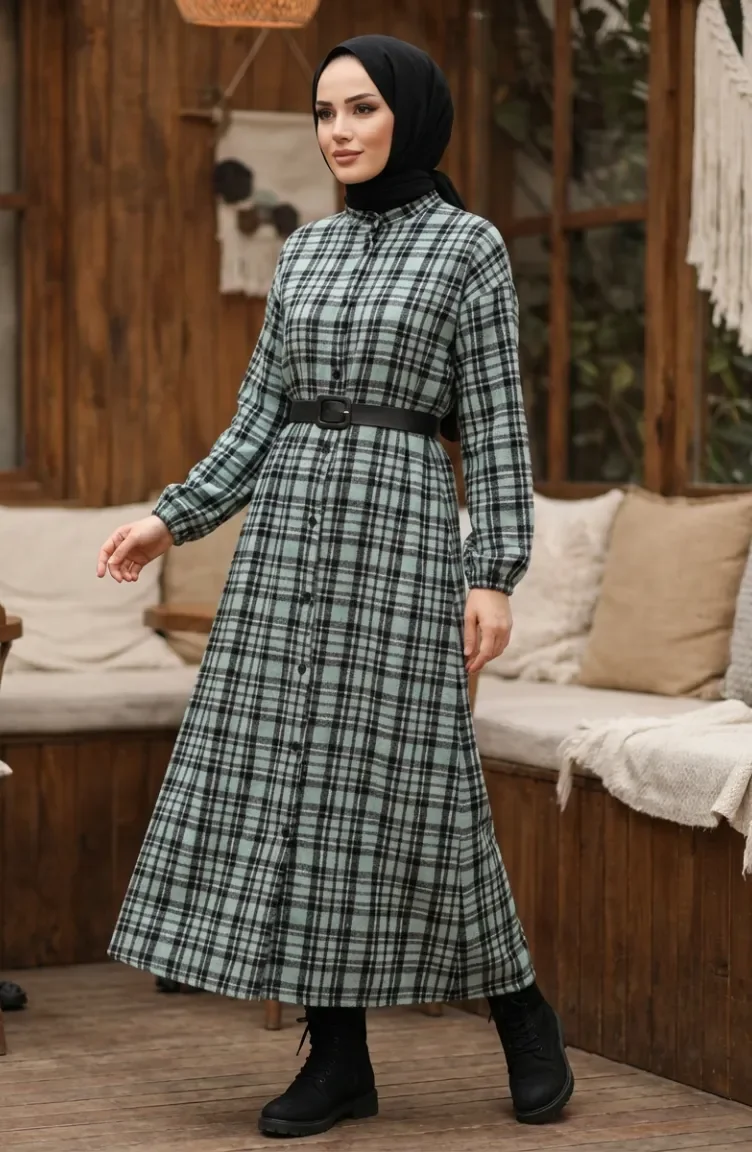 Robe D`hiver Bûcheron à Carreaux Boutonnée 2510-01 Vert Clair Noir 2510-01