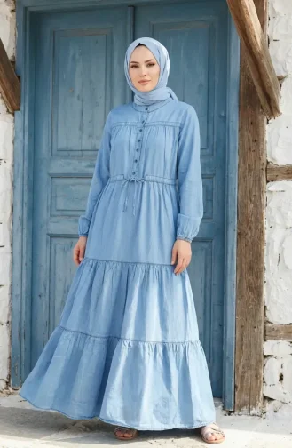 Robe En Denim Tencel Avec Taille à Cordon Et Fermeture Boutonnée 0901-01 Bleu 0901-01