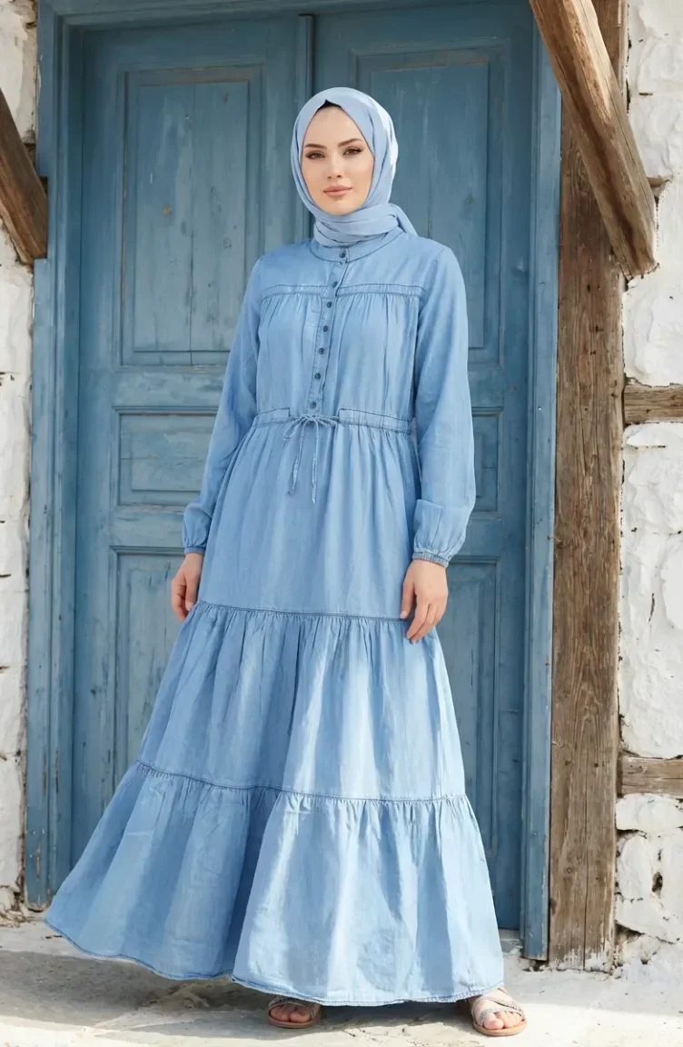 Robe En Denim Tencel Avec Taille à Cordon Et Fermeture Boutonnée 0901-01 Bleu 0901-01