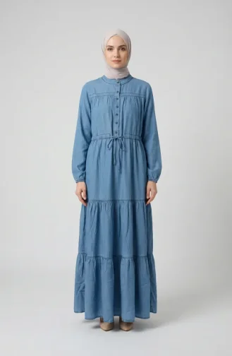 Robe En Denim Tencel Avec Taille à Cordon Et Fermeture Boutonnée 0901-01 Bleu 0901-01