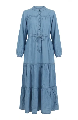 Robe En Denim Tencel Avec Taille à Cordon Et Fermeture Boutonnée 0901-01 Bleu 0901-01