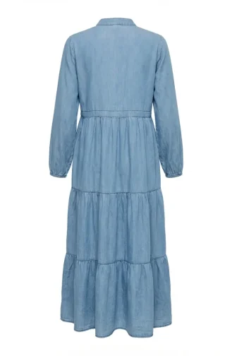 Robe En Denim Tencel Avec Taille à Cordon Et Fermeture Boutonnée 0901-01 Bleu 0901-01
