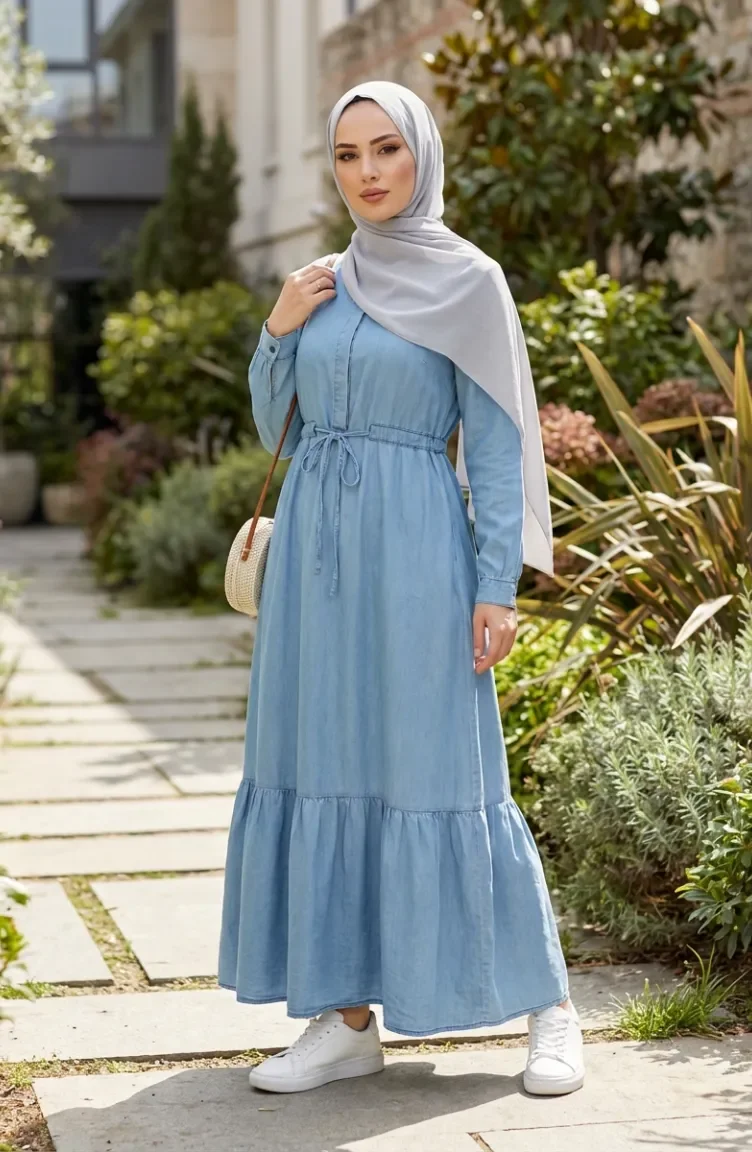 Robe En Denim Froncée à Taille élastiquée Et Cordon De Serrage En Tissu Tencel 2826-01 Bleu Clair 2826-01