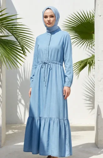 Robe En Denim Froncée à Taille élastiquée Et Cordon De Serrage En Tissu Tencel 2826-01 Bleu Clair 2826-01