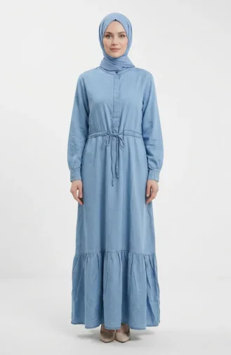 Robe En Denim Froncée à Taille élastiquée Et Cordon De Serrage En Tissu Tencel 2826-01 Bleu Clair 2826-01