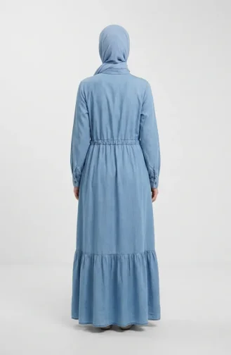 Robe En Denim Froncée à Taille élastiquée Et Cordon De Serrage En Tissu Tencel 2826-01 Bleu Clair 2826-01
