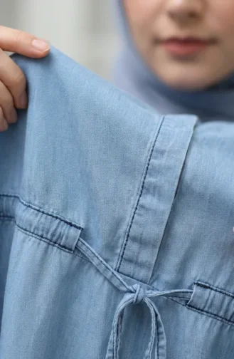 Robe En Denim Froncée à Taille élastiquée Et Cordon De Serrage En Tissu Tencel 2826-01 Bleu Clair 2826-01