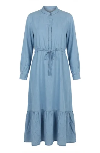 Robe En Denim Froncée à Taille élastiquée Et Cordon De Serrage En Tissu Tencel 2826-01 Bleu Clair 2826-01