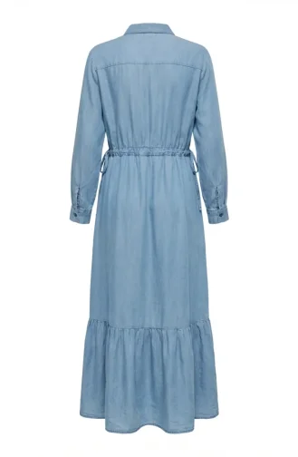 Robe En Denim Froncée à Taille élastiquée Et Cordon De Serrage En Tissu Tencel 2826-01 Bleu Clair 2826-01