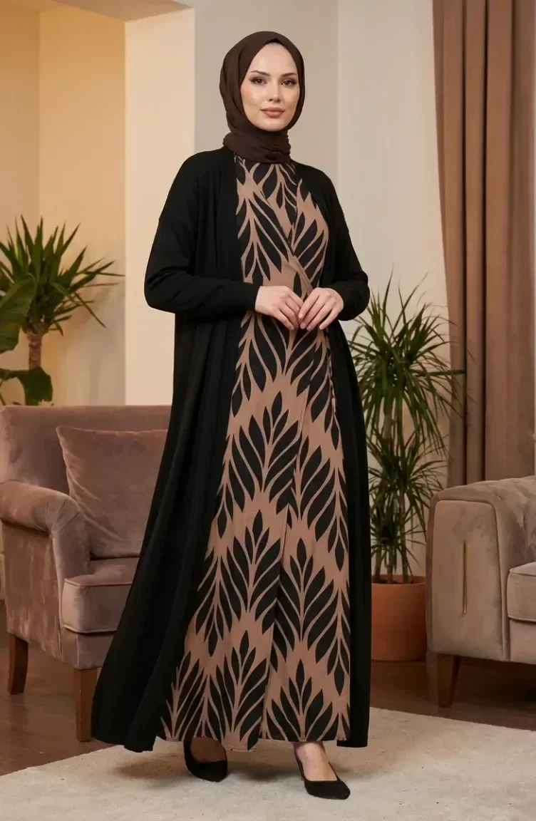 Robe De Prière En Viscose à Nouer Sur Le Côté 994483G-01 Beige Noir 994483G-01