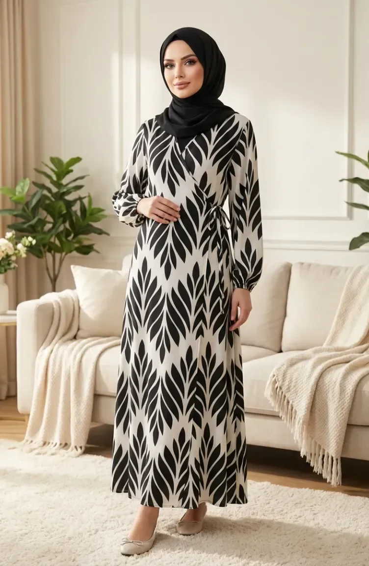 Side-Tie Viscose Prayer Dress 994483G-03 Black And White 994483G-03