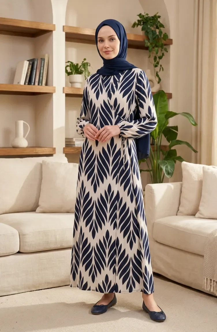 Side-Tie Viscose Prayer Dress 994483G-05 Navy Blue And White 994483G-05