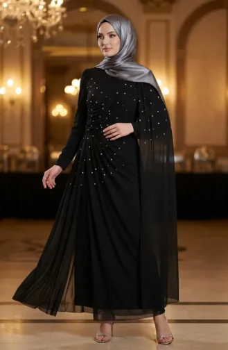 Robe De Soirée Hijab Ornée De Pierres Et Drapée Modèle 5700-02 Noire 5700-02