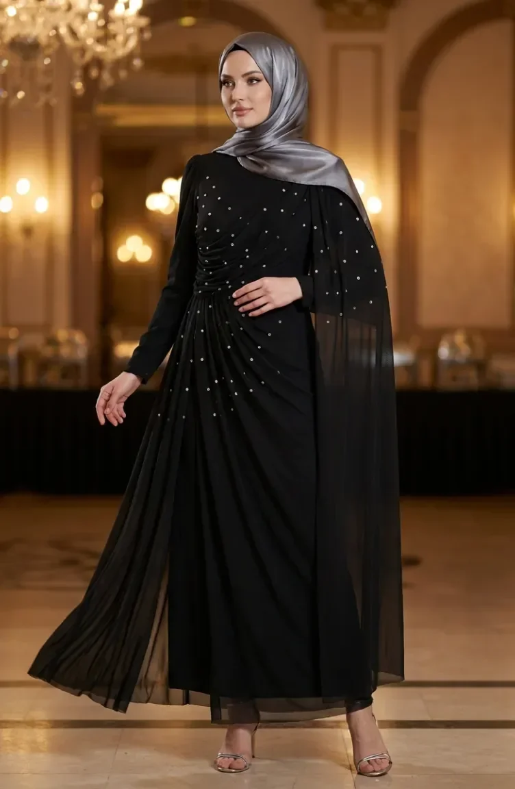 Robe De Soirée Hijab Ornée De Pierres Et Drapée Modèle 5700-02 Noire 5700-02