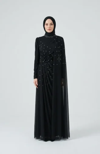 Robe De Soirée Hijab Ornée De Pierres Et Drapée Modèle 5700-02 Noire 5700-02