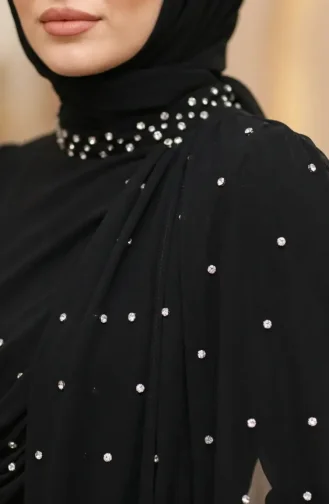 Robe De Soirée Hijab Ornée De Pierres Et Drapée Modèle 5700-02 Noire 5700-02