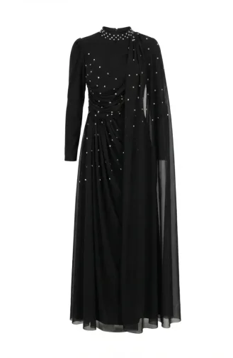 Robe De Soirée Hijab Ornée De Pierres Et Drapée Modèle 5700-02 Noire 5700-02