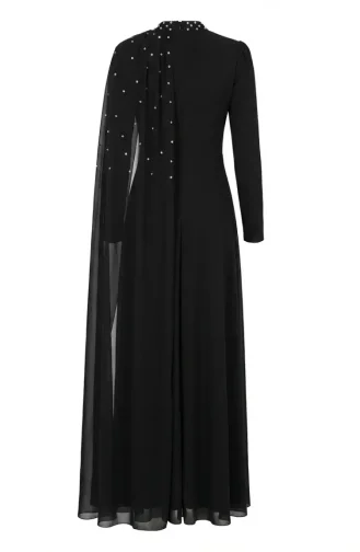 Robe De Soirée Hijab Ornée De Pierres Et Drapée Modèle 5700-02 Noire 5700-02