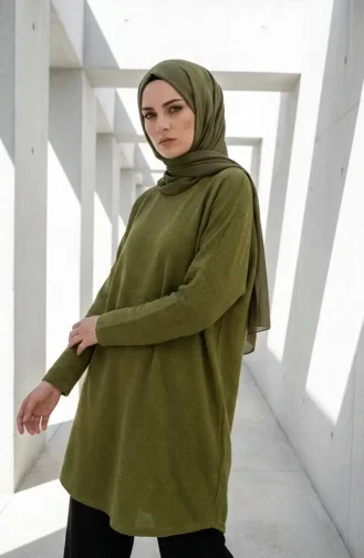 تونيك موسمي بقصة مريحة، غير شفاف، تونيك بمقاسات كبيرة، تونيك للأمهات 8766-03، أخضر فستقي 8766-03
