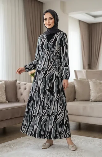 Yandan Bağlamalı Viskon Namaz Elbisesi 994483C-04 Gri Beyaz