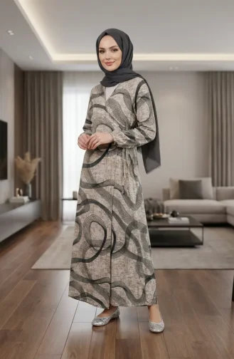 Yandan Bağlamalı Viskon Namaz Elbisesi 994483D-02 Haki Ekru