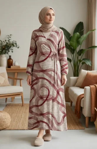 Yandan Bağlamalı Viskon Namaz Elbisesi 994483D-03 Bordo Ekru