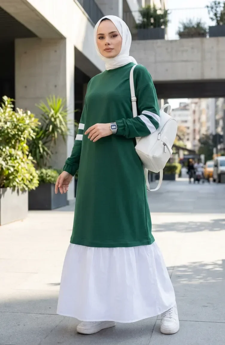 فستان حجاب رياضي مزين 71079-02 أخضر 71079-02