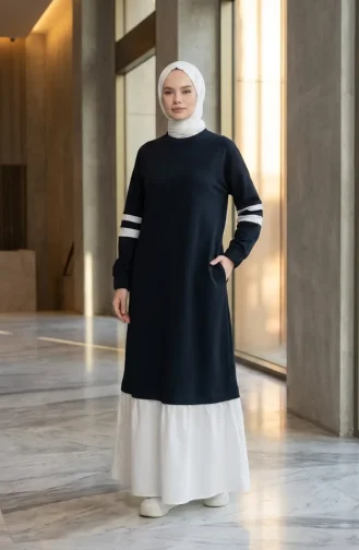 Robe Hijab Sportive Ornée 71079-04 Bleu Marine 71079-04