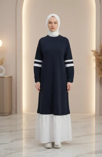 Robe Hijab Sportive Ornée 71079-04 Bleu Marine 71079-04